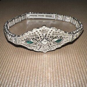 Art Deco Esemco Ladies White Gold Diamond, Emerald Filigree Bracelet